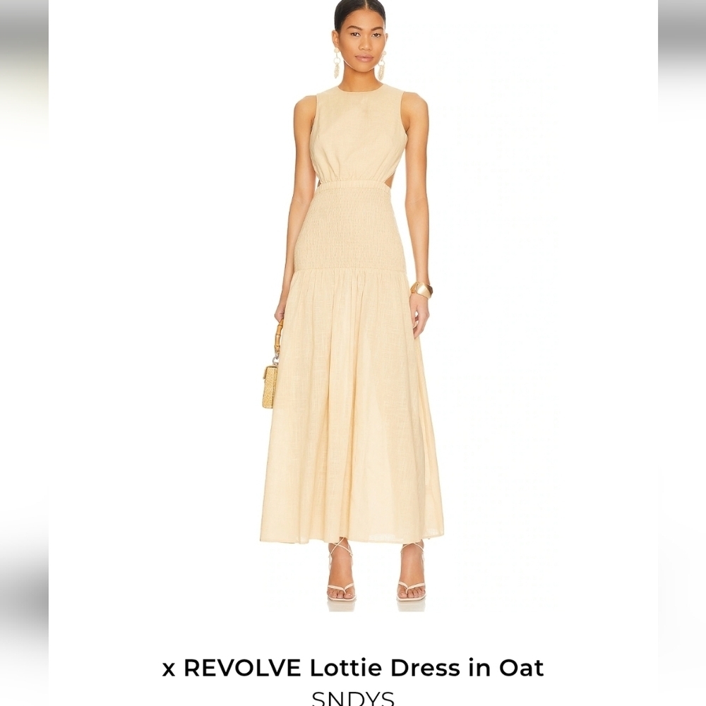 X REVOLVE SNDYS LOTTIE DRESS IN OAT, OPEN BACK SIDE CUT-OUT SIZE SMALL